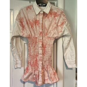 CAPSULLE Denim Shirt Size M Smocked Peplum Pink Watercolor Empire Waist Unique